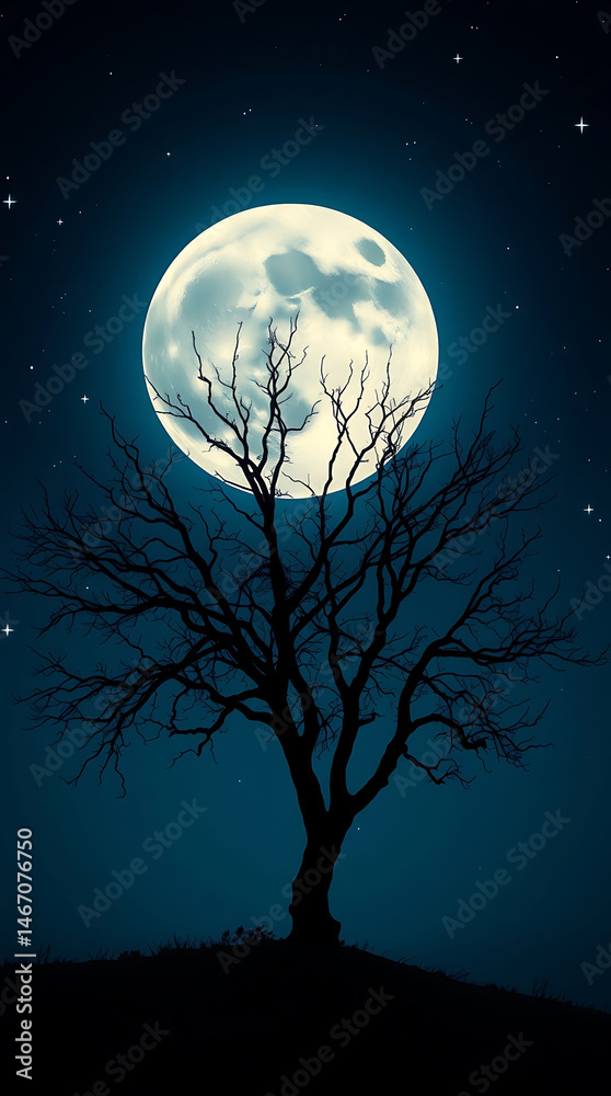 A silhouette of a leafless tree against a backdrop of a full moon and a starry night sky. The scene evokes a sense of calm and mystery, a perfect image of peace. 9:16 phone wallpaper A silhouette of a leafless tree against a backdrop of a full moon and a starry night sky. The scene evokes a sense of calm and mystery, a perfect image of peace. 9:16 phone wallpaper