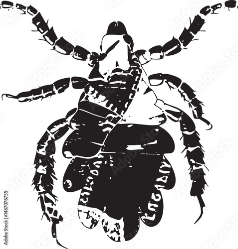 A stylized black and white depicts a large scorpion resting on a textured surface.