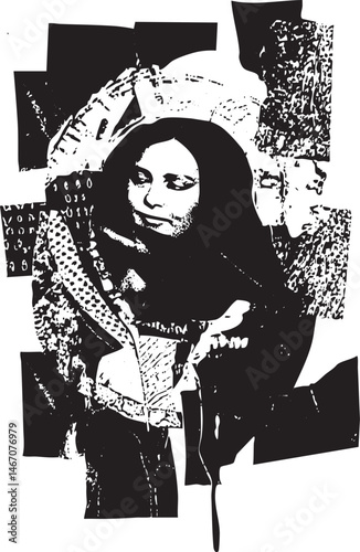 A woman’s face is partially revealed within a fragmented textured black and white composition.