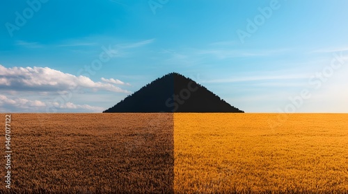 Two-Toned Field with Hill and Tree Line Under Blue Sky