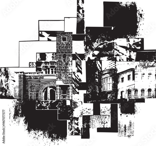 A fragmented black and white collage depicts architectural elements of historic buildings.