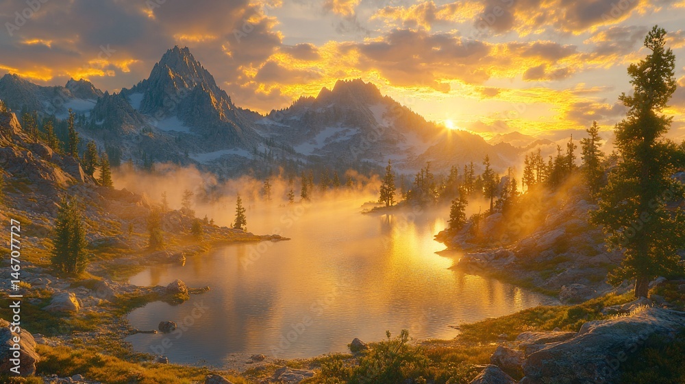 Fototapeta premium Majestic mountain lake at golden sunset