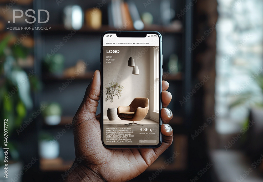 A hand holding a smartphone up in front of a living room background ...