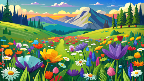
Colorful wildflower meadows stretch as far as the eye can see — bursts of purple, yellow, red, and white creating a vivid contrast against the rich green of mountain grasses and coniferous trees.