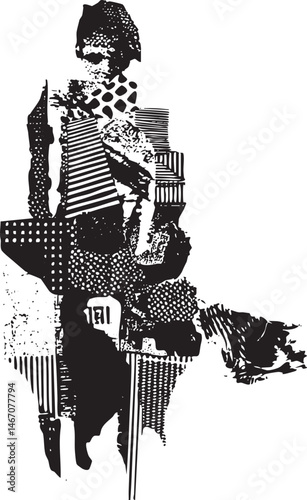 A solitary figure stands amidst fragmented geometric shapes in a stark black and white composition.