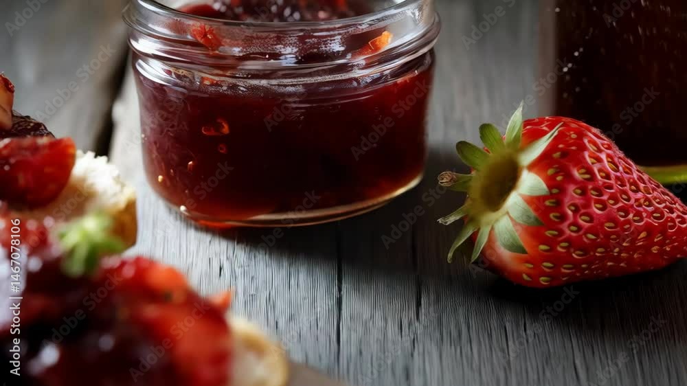 Close up of strawberry jam on toast and in a glass jar, placed on a wooden surface. Thyme garnish, ripe berry.
