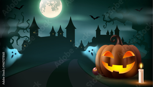 Halloween pumpkin lantern with medieval castle on background. Halloween greeting background