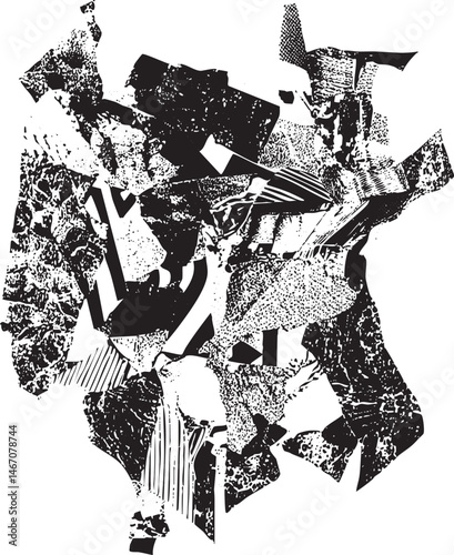 Abstract geometric shapes collide in a dynamic black and white composition.