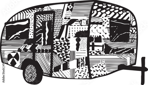 A stylized black and white camper van is depicted with intricate geometric .