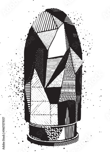 A stylized geometric of a cylindrical object with intricate black and white .