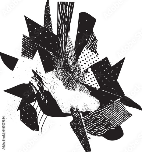 A dynamic burst of geometric shapes explodes outwards from a central point.