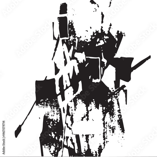 Abstract black and white shapes collide in a dynamic composition.