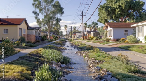 Residential street with a small stream, sunny day, landscaping. Possible use Stock photo for home design, landscaping, or nature photography