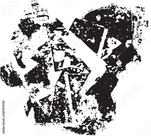 A fragmented textured silhouette of a human form dominates the white background.