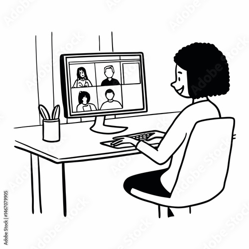 Black business lady or team manager sitting at office table, looking at web page on desktop computer monitor, sending messages to private or collective informal work chat. Online communication concept
