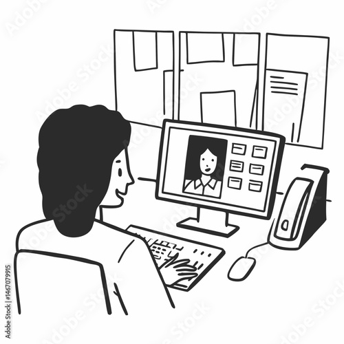 Black business lady or team manager sitting at office table, looking at web page on desktop computer monitor, sending messages to private or collective informal work chat. Online communication concept