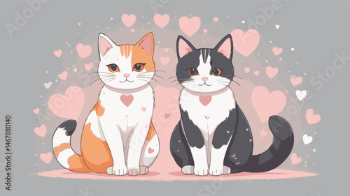 Cute cartoon cats sitting together with hearts in the background during a playful moment