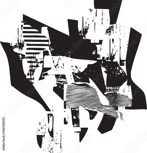 Abstract geometric shapes overlap and intersect in a textured black and white composition.