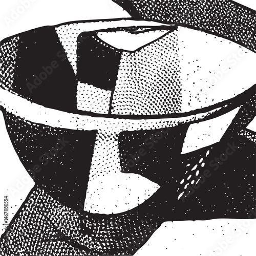 A stylized black and white of a helmet’s visor.