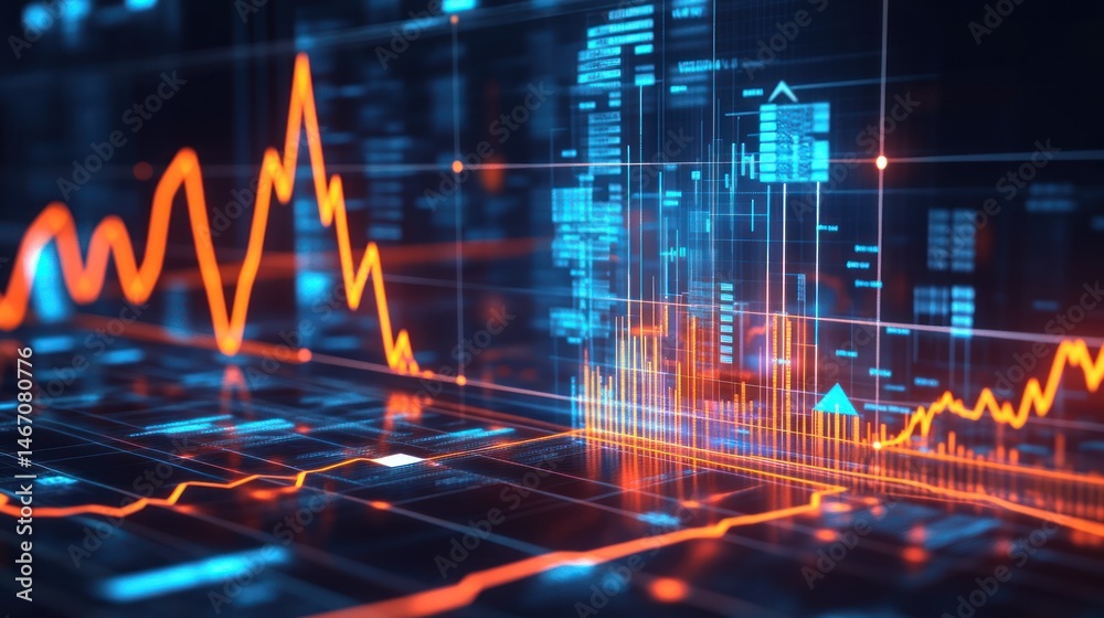 Futuristic digital stock market data visualization with dynamic graphs and charts showing financial trends. Futuristic digital stock market data visualization with dynamic graphs and charts showing financial trends.