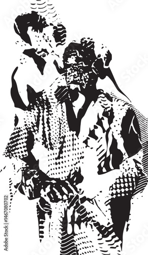 A silhouetted couple embraces closely in a dynamic textured pose.