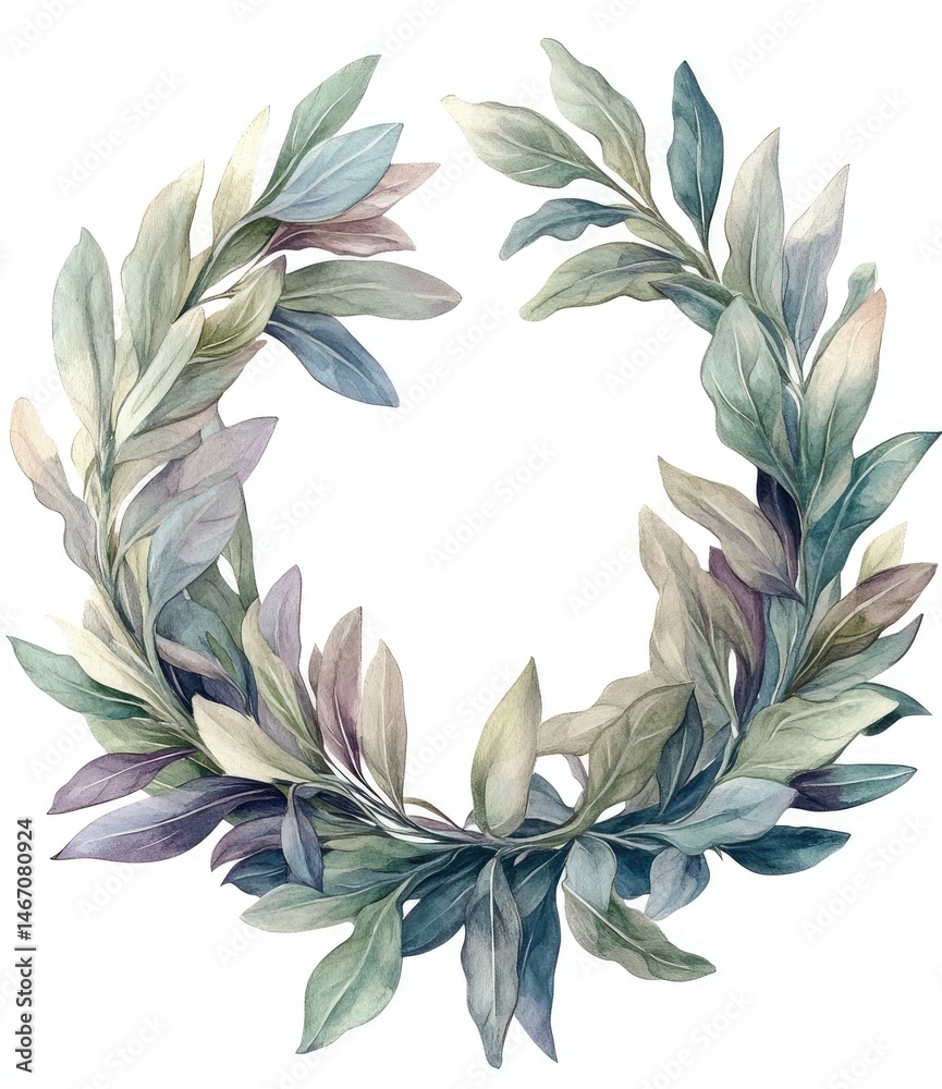 Delicate floral wreath, featuring a circular arrangement of various pastel-toned leaves, forming a decorative frame. Soft, muted tones of sage green, lavender, and ivory create a serene aesthetic. Delicate floral wreath, featuring a circular arrangement of various pastel-toned leaves, forming a decorative frame. Soft, muted tones of sage green, lavender, and ivory create a serene aesthetic.