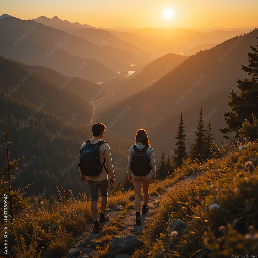 Fototapeta premium Hikers exploring mountain landscape at sunset