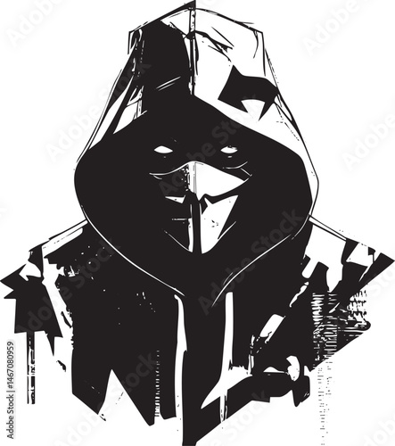 A hooded figure stands in profile appearing intense and watchful.