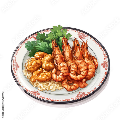 chinese plate with fried shrimp,vector