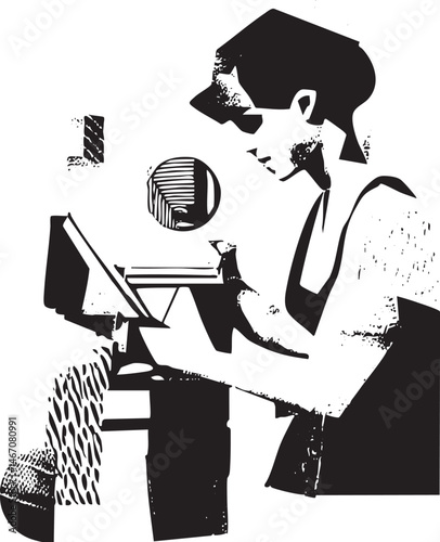 A man intently studies a detailed architectural blueprint.