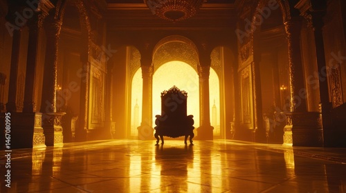 Ornate throne in a grand, dimly lit hall.