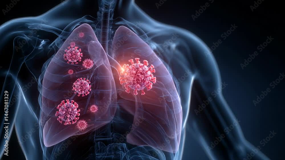 Medical illustration of human lungs infected with virus depicting respiratory system anatomy and healthcare concepts