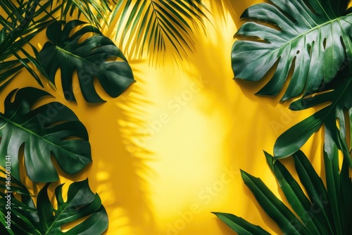 A vibrant arrangement of tropical palm leaves framing a sunny yellow background. creating a lively and warm atmosphere. ideal for summer-themed designs or nature-inspired projects