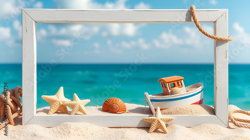 Seaside vacation conceptual background. Rustic white picture frame decorated with souvenirs - shrimper or fishing boat, sand, sea snail, rope photo