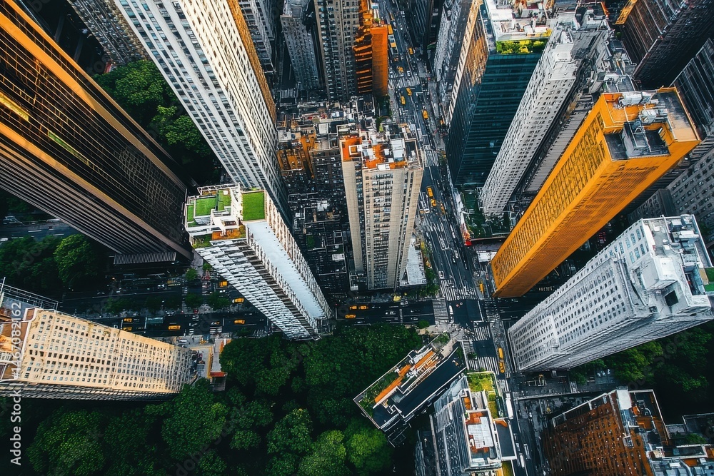 Fototapeta premium Aerial view of modern skyscrapers surrounding urban park