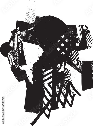 A solitary figure stands within a fragmented geometric composition.