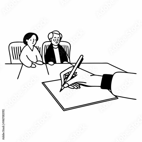 Caretaker helps senior patients sign homecare agreement, fill informed exam consent, understand test result or health insurance details. Grandparents discuss professional home care nurse service costs