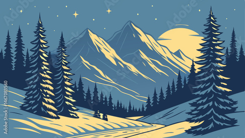 twilight snowy mountain valley in cool blue hues