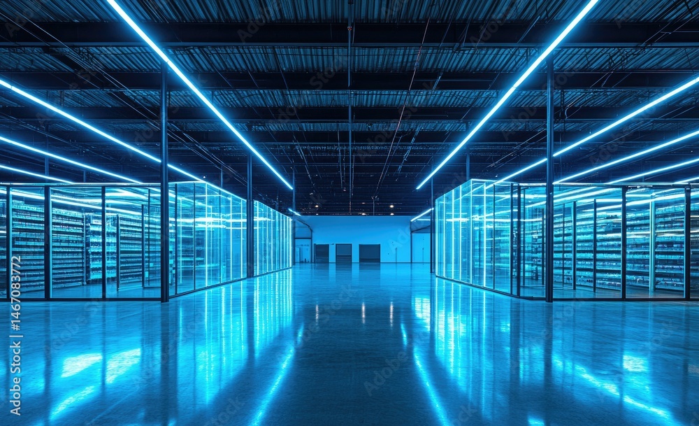 Fototapeta premium A modern. high-tech storage facility showcasing illuminated shelves filled with products. with a sleek. reflective floor and a vibrant digital display in the background