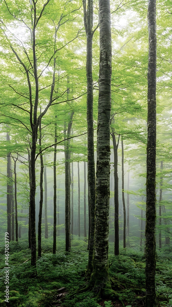 Obraz premium Serene Misty Forest Scene Lush Green Trees and Mossy Ground Tranquil Nature