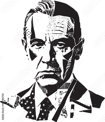 A grayscale portrait of a man with intense gaze and patterned shirt.