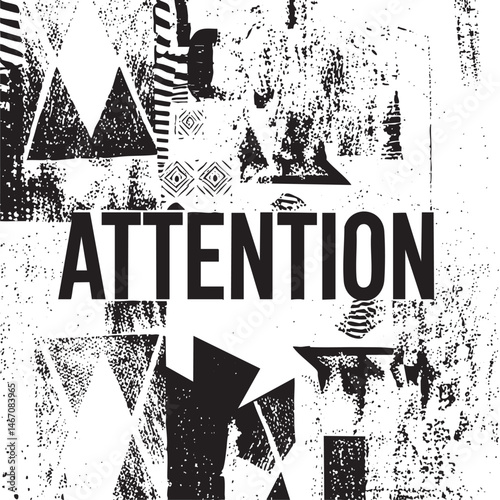 Bold fragmented triangles form the word 'Attention' on a textured background.