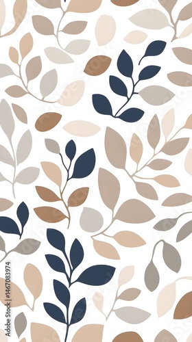 Neutral-toned botanical pattern with stylized leaves and branches on white background