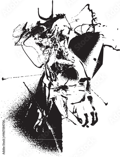 A grayscale portrait depicts a stylized face with sharp angles and fragmented lines.