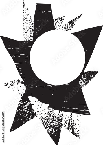A textured white circle is surrounded by jagged black star shapes.