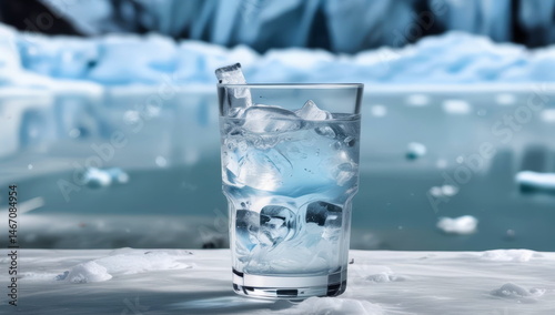 A glass with cold water inside, against the backdrop of the North Pole ice