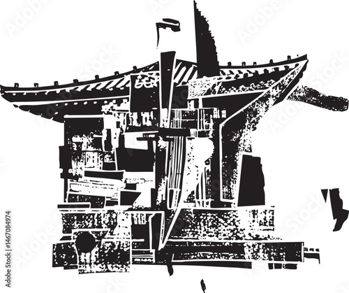 A stylized black and white depicts a traditional sailing vessel with intricate geometric details.