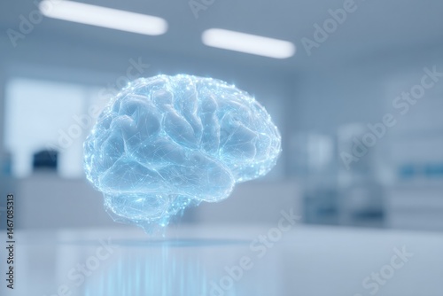 minimalistic image showing digital brain hologram symbolizing ai in medicine with abundant copy space