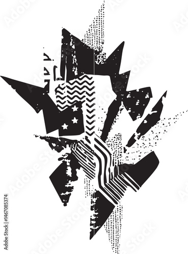 Geometric shapes intersect and shatter in a dynamic fragmented composition.
