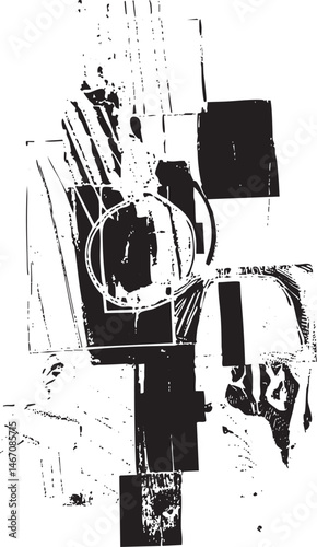 A fragmented black and white abstract composition reveals geometric shapes and overlapping forms.